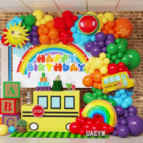 UAEYW Rainbow Balloon Arch Garland Kit,159pcs Assorted Colors with Watermelon School Bus Rainbow Sun Mylar Balloons for Watermelon Birthday Party Back to School Decorations - Image 1