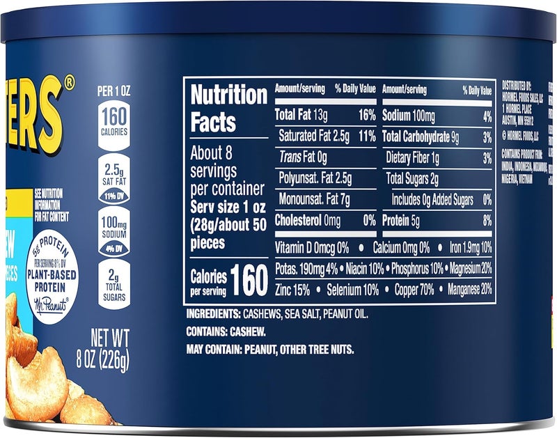 PLANTERS Salted Cashew Halves & Pieces - 8oz Canister of Crunchy Party Snacks with Plant-Based Protein - Image 2