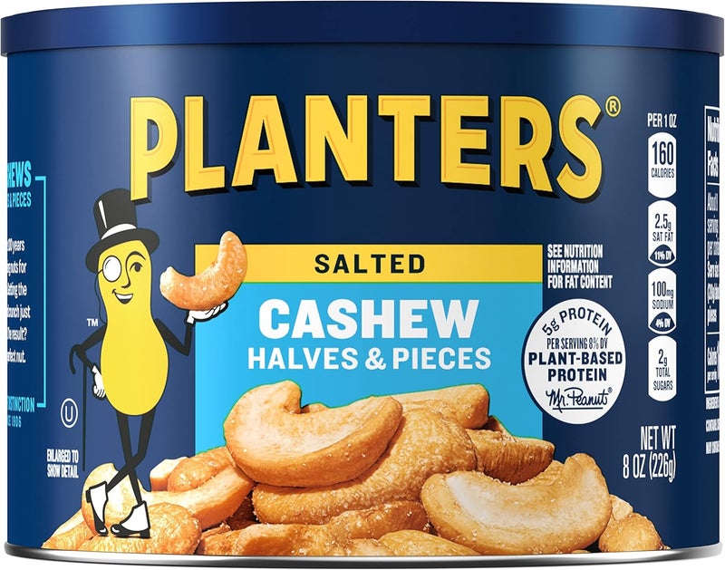 PLANTERS Salted Cashew Halves & Pieces - 8oz Canister of Crunchy Party Snacks with Plant-Based Protein - Image 1