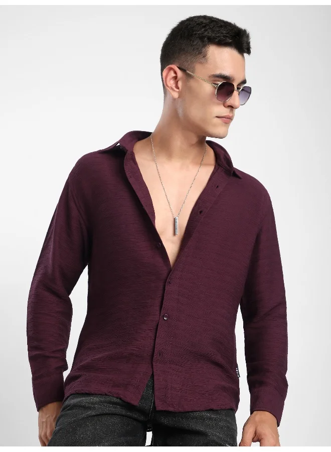 Beyoung Maroon Crinkled Shirt