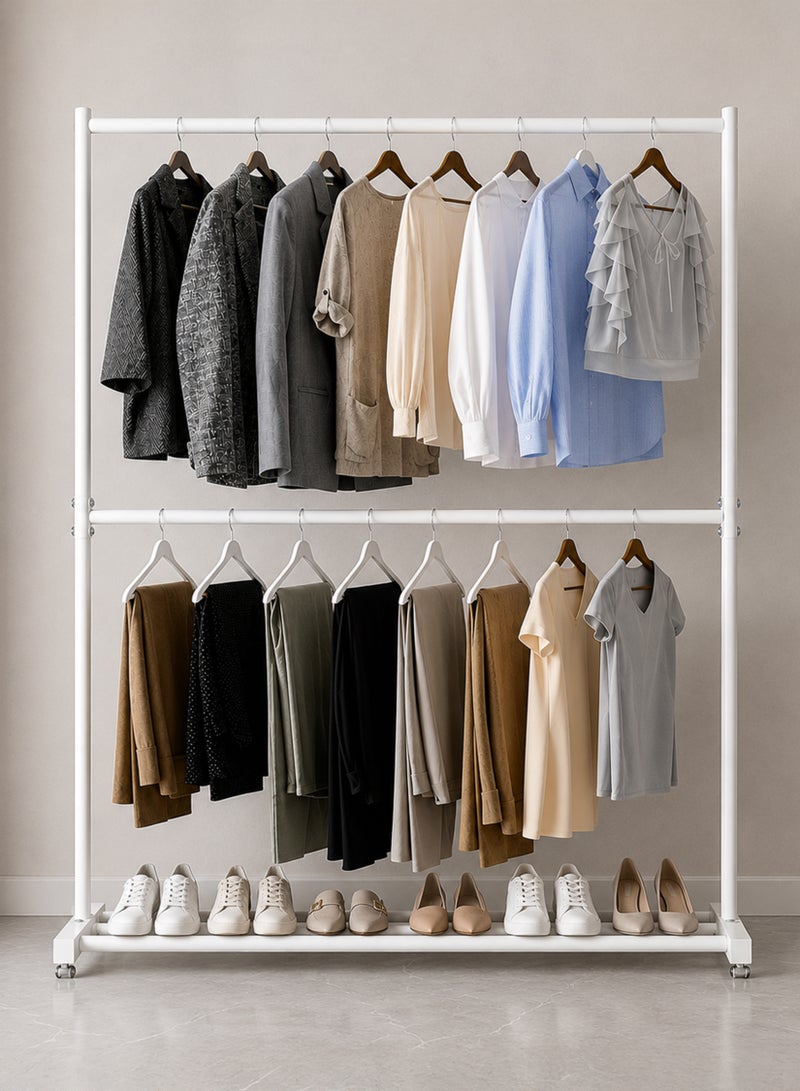 DBLEW Double Rod Clothing Rack Heavy Duty Dual Layer Clothes Drying Stand Garment Organizer Open Armoire with 2 Tier Hanger Rails and Bottom Storage Shelf, Strong 25mm Steel Pipes, 60kg Load Large Capacity Featuring Two Horizontal Bars for Hanging Clothes, Laundry Room, Balcony, Bedroom Sheets, Quilts, Blanket, Coats, Skirts, Shirts, Hats, Sweaters Holder 120cm - Image 1