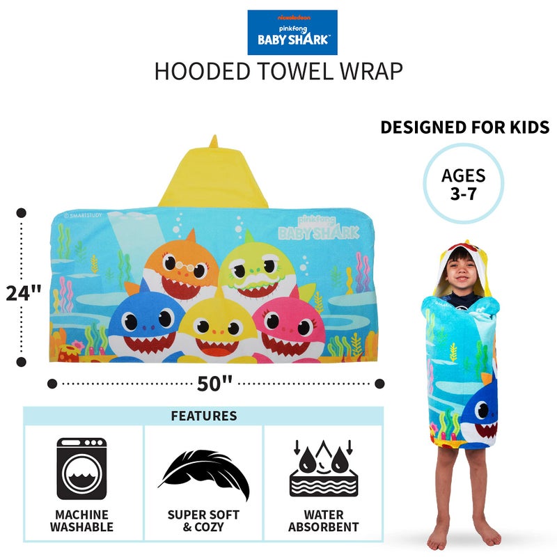Franco Kids Bath and Beach Soft Cotton Terry Hooded Towel Wrap, 24" x 50", Baby Shark - Image 5