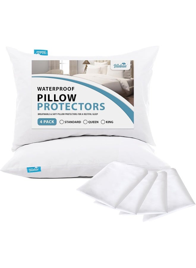 Biloban 4 Pack Pillow Protectors with Zipper Breathable & Noiseless & Durable 100% Waterproof Pillow Cases Standard Size White Pillow Protector - Image 1