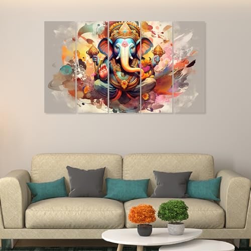 DEKORSTATION Multicolor Multiple Frames, Beautiful Lord Ganesha, Ganpati Wall Painting for Living Room, Bedroom, Office, Hotels, Drawing Room Wooden Framed Digital Painting | dspnl560 - Image 1