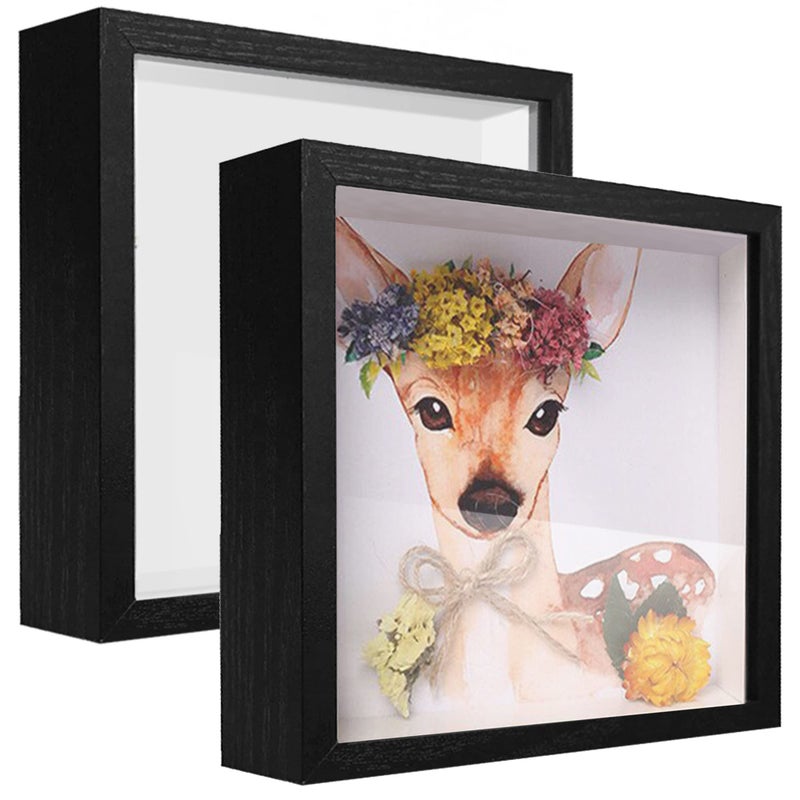SUNMEG 5x5 Small Shadow Box Frame Display Case Wood with Plexiglass Display Case Box for Memorabilia Medal CraftsTickets  Photos Picture Frame for Wall and Tabletop 2pcsBlack 5x5