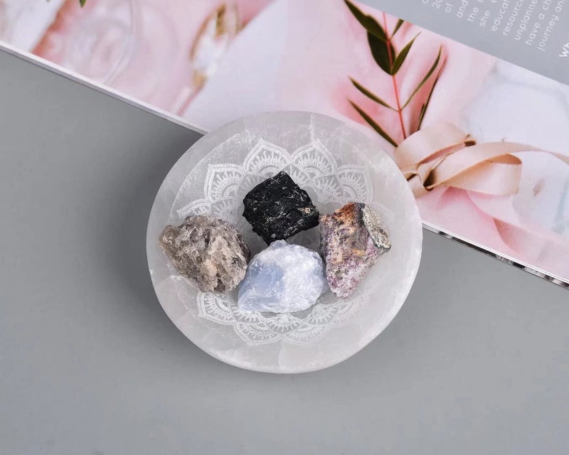 AMOYSTONE Natural Selenite Bowl - Crystal Bowl Mandala Engraved Dish 3.5-4 - Image 5