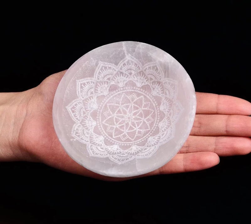 AMOYSTONE Natural Selenite Bowl - Crystal Bowl Mandala Engraved Dish 3.5-4 - Image 4