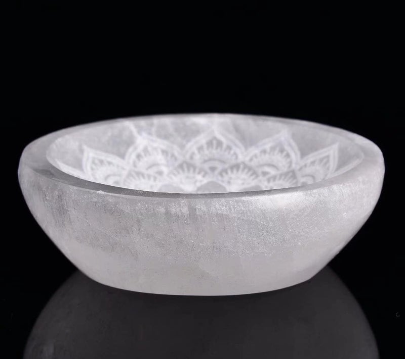 AMOYSTONE Natural Selenite Bowl - Crystal Bowl Mandala Engraved Dish 3.5-4 - Image 2