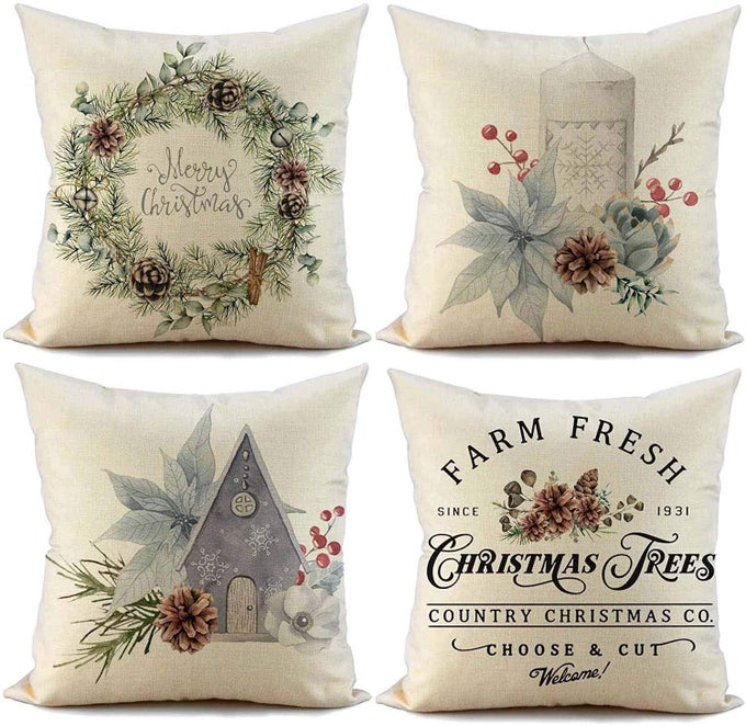CHRISTMAS PILLOW COVERS 18X18 INCH SET OF 4 CANDI GARLAND FARMHOUSE DECORATIVE THROW PILLOW COVER CHRISTMAS DCOR XMAS DECORATIONS WINTER HOLIDAY PILLOWS CUSHION CASE FOR HOME
