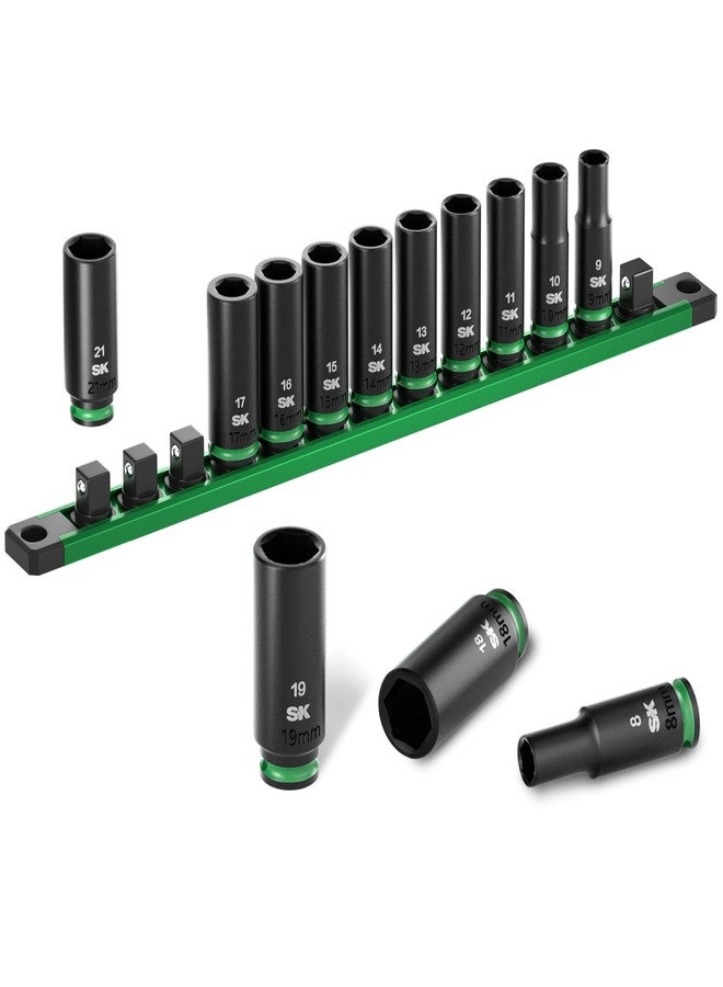 SK 3/8" Drive Impact Socket Set, Deep Metric Sockets, 13-Piece 8 to 21mm, Premium CR-MO Steel, SureGrip 6 Point Design, with Aluminum Socket Organizer - Image 1