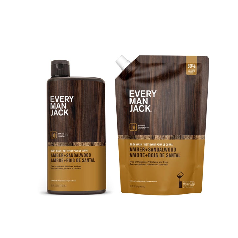 Every Man Jack Amber + Sandalwood Mens Body Wash Refill Starter Pouch - Naturally Derived Ingredients - Paraben Free, Phthalate Free, Dye Free - (1-36oz pouch, 1-24oz bottle) - Image 1