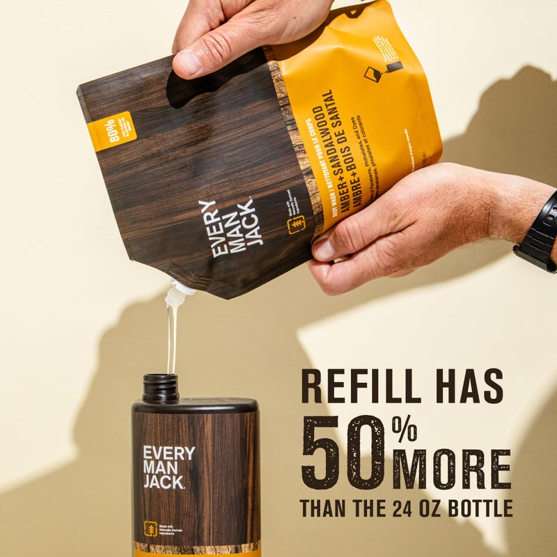 Every Man Jack Amber + Sandalwood Mens Body Wash Refill Starter Pouch - Naturally Derived Ingredients - Paraben Free, Phthalate Free, Dye Free - (1-36oz pouch, 1-24oz bottle) - Image 5