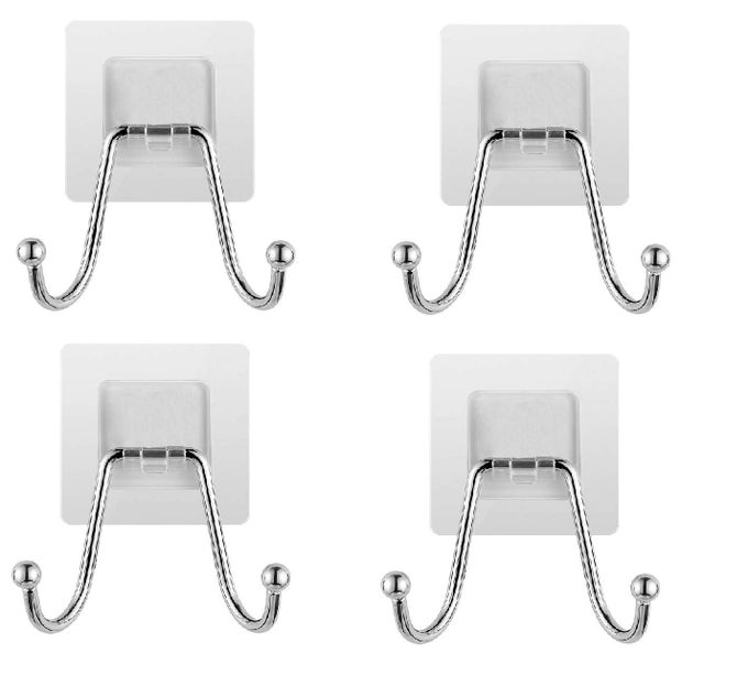 4PCS STAINLESS STEEL WALL HANGERS BATH TOWEL DOUBLE HOOK SELF ADHESIVE HOOKS STICK ON WALL HANGING DOOR CLOTHES HOLDER UTILITY HANGING HOOKS STORAGE TRANSPARENT 4 DOUBLE HOOK