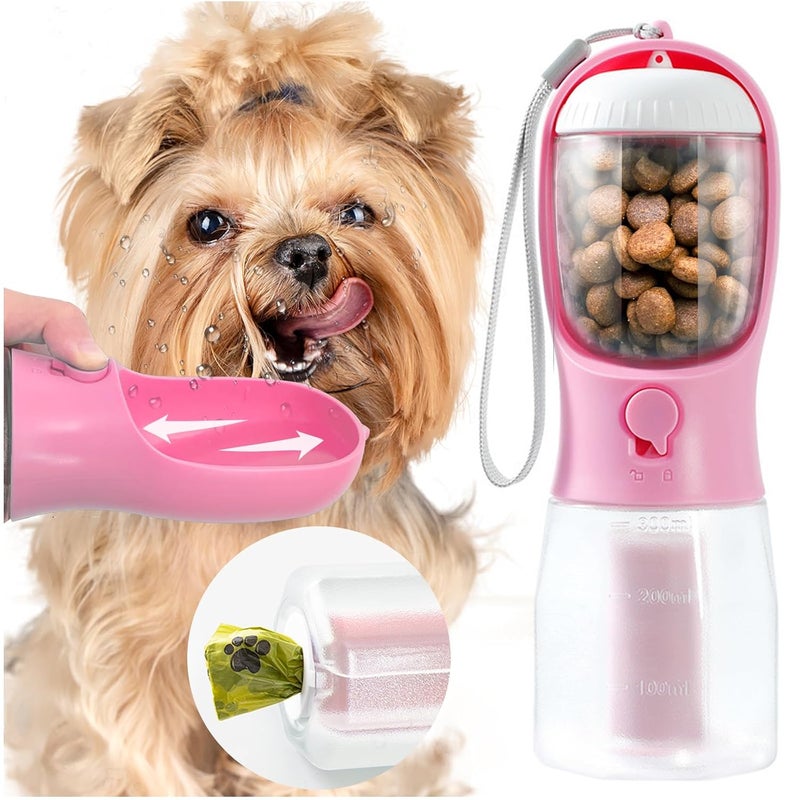 MoonyMars Portable Dog Water Bottle, 3-in-1 Dog Travel Water Bowl with Food Container & Poop Bag Holder, Pet Water Dispenser Summer Outdoor Walking Hiking Accessories for Small Dog - Pink, 10oz - Image 1