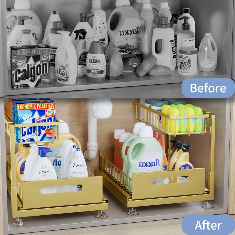 Saydear Under Sink Organizer Storage 2-Tier Premium Metal Pull-Out Kitchen Cabinet Organizer with Sliding Drawer, Height Adjustable, Heavy Duty for Kitchen & Bathroom Organizers 2 Pack Gold - Image 2