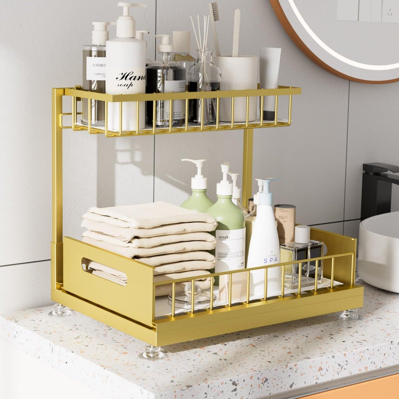 Saydear Under Sink Organizer Storage 2-Tier Premium Metal Pull-Out Kitchen Cabinet Organizer with Sliding Drawer, Height Adjustable, Heavy Duty for Kitchen & Bathroom Organizers 2 Pack Gold - Image 3