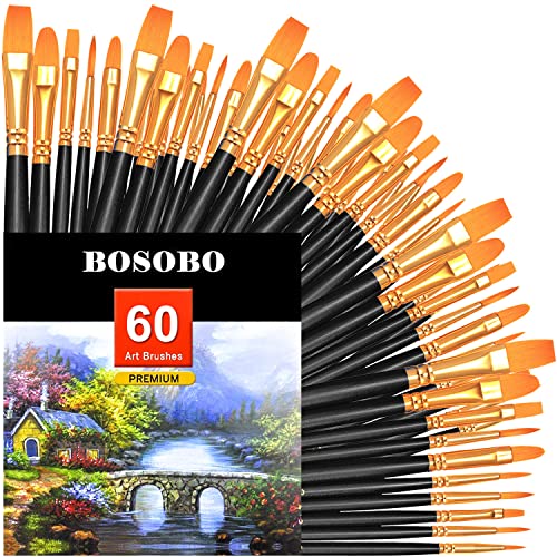 BOSOBO Paint Brushes Set, 6 Pack 60 Pcs Round Pointed Tip Paintbrushes Nylon Hair Artist Acrylic Paint Brushes for Acrylic Oil Watercolor, Face Nail Art, Miniature Detailing & Rock Painting, Black - Image 1