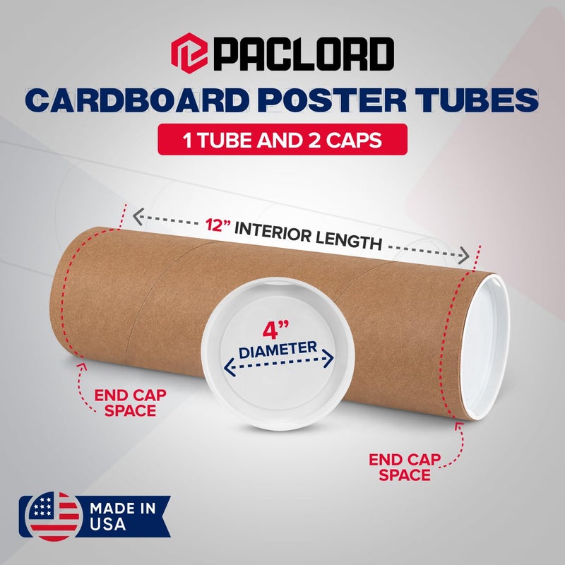 Paclord 4"" X 12"" Reinforced Kraft Paper Mailing Tube  Pack Of 1 Tube With 2 Caps - Secure Usps Approved Poster Tube - Cardboard Tube For Shipping And Storing Posters  Prints  Artwork  Or Documents - Image 2