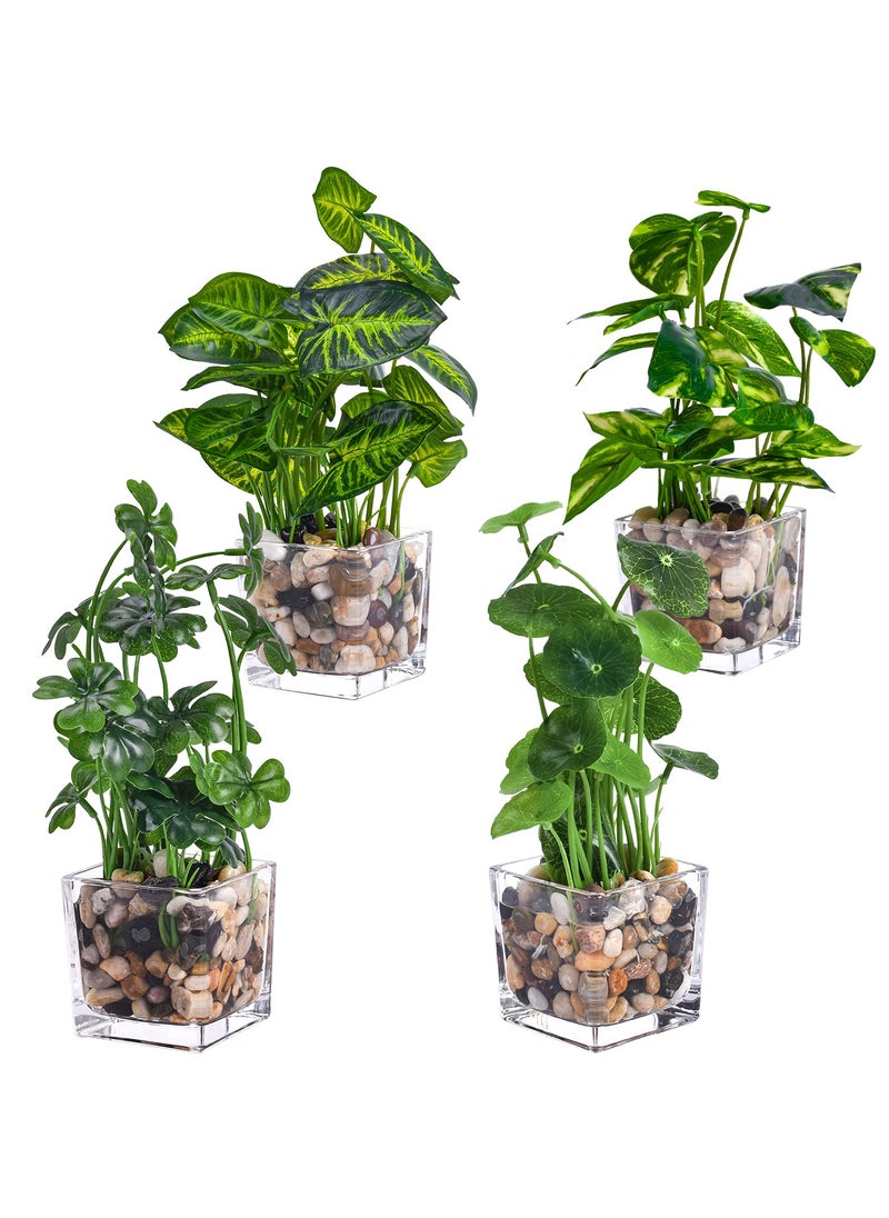 XONOR XONOR Artificial Potted Plants Set of 4 Faux Tabletop Greenery with Clear Glass Pots and Cobblestones Included Artificial Taro Lotus Clover and Ivy for Home Office Dcor 
