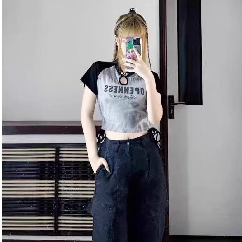 American-Style Contrast Color Design Sense Niche Spice Girls Short-Sleeved T-Shirt Women'S Summer Slim-Fit Slimming Drawstring All-Match Short Top - Image 3