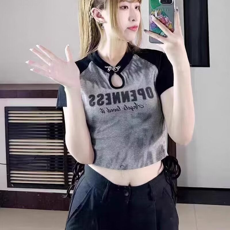 American-Style Contrast Color Design Sense Niche Spice Girls Short-Sleeved T-Shirt Women'S Summer Slim-Fit Slimming Drawstring All-Match Short Top - Image 1