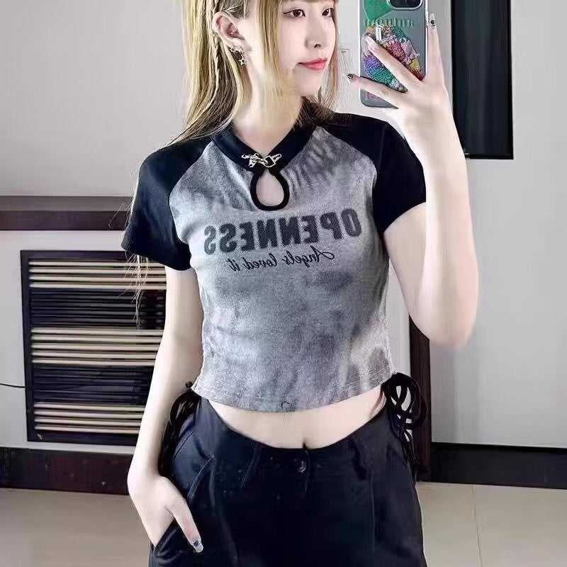 American-Style Contrast Color Design Sense Niche Spice Girls Short-Sleeved T-Shirt Women'S Summer Slim-Fit Slimming Drawstring All-Match Short Top - Image 4