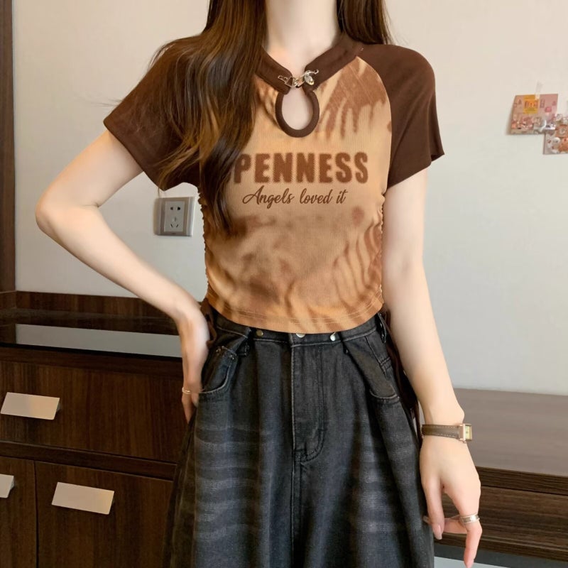 American-Style Contrast Color Design Sense Niche Spice Girls Short-Sleeved T-Shirt Women'S Summer Slim-Fit Slimming Drawstring All-Match Short Top - Image 5