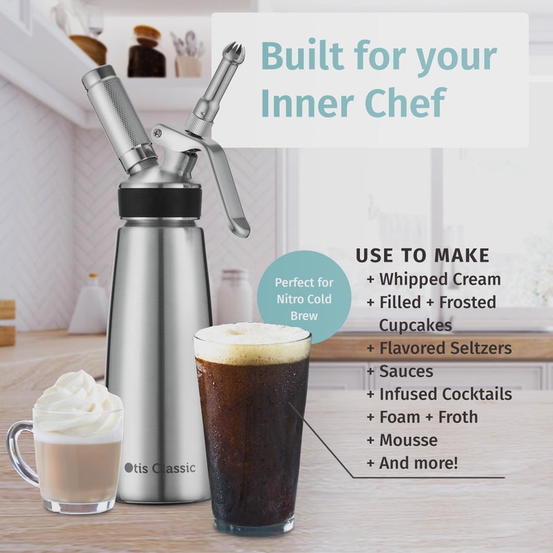 Otis Classic Otis Classic 304 Stainless Steel Whipped Cream Dispenser, 500ml w/ 3 Decorating Nozzles 4 Injector Tips and 6 Colored Grips - Commercial Grade Quality Made of Food Grade Stainless Steel for Home Chef  - Image 2