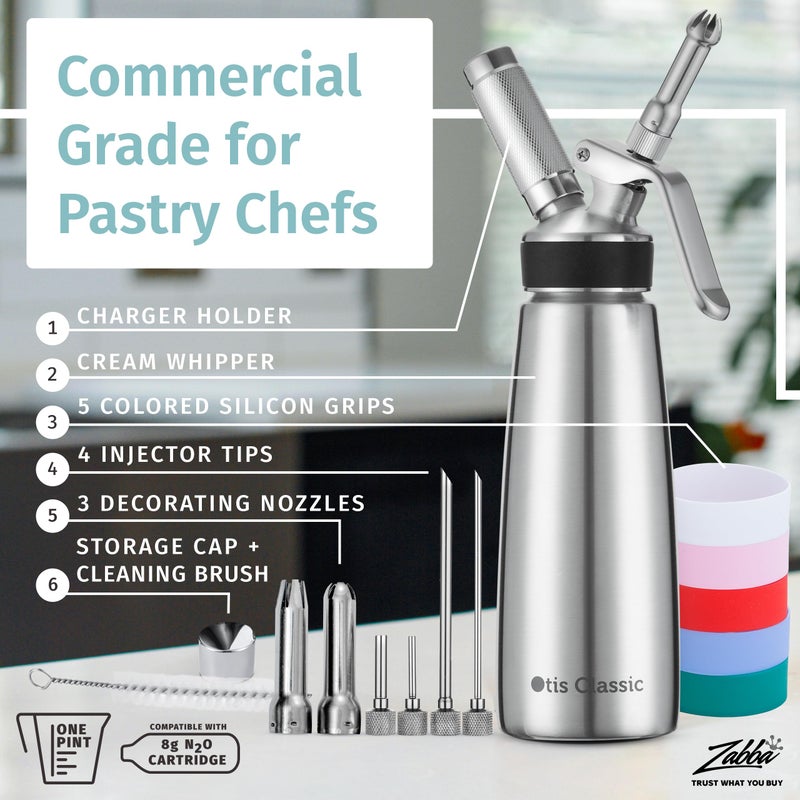 Otis Classic Otis Classic 304 Stainless Steel Whipped Cream Dispenser, 500ml w/ 3 Decorating Nozzles 4 Injector Tips and 6 Colored Grips - Commercial Grade Quality Made of Food Grade Stainless Steel for Home Chef  - Image 3