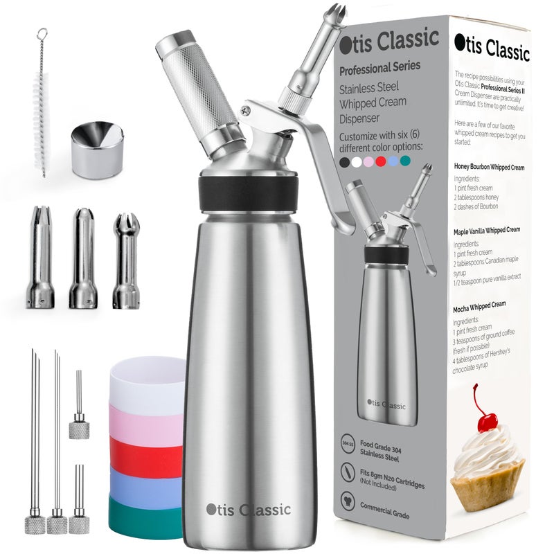 Otis Classic Otis Classic 304 Stainless Steel Whipped Cream Dispenser, 500ml w/ 3 Decorating Nozzles 4 Injector Tips and 6 Colored Grips - Commercial Grade Quality Made of Food Grade Stainless Steel for Home Chef  - Image 1