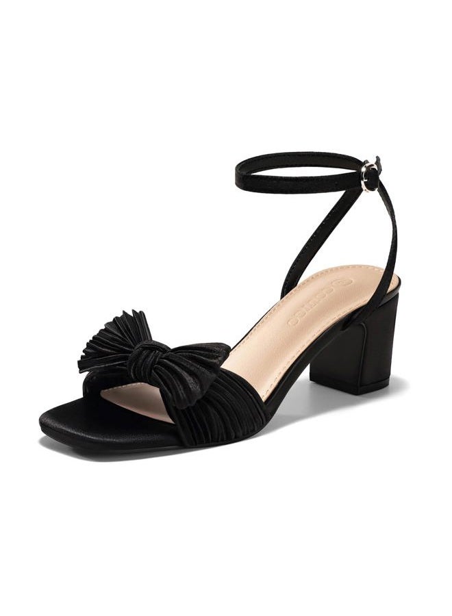 Coutgo Womens Pleated Bow Sandals Block Low Heel Wedding Bride Shoes Open Toe Ankle Strap Dressy Sandals, Black, 6 - Image 1