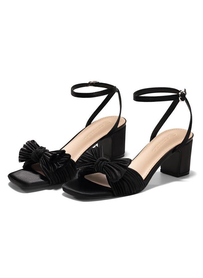 Coutgo Womens Pleated Bow Sandals Block Low Heel Wedding Bride Shoes Open Toe Ankle Strap Dressy Sandals, Black, 6 - Image 5