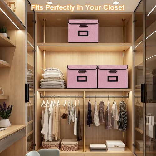 Tcbelosion Large Square Storage Bin with Lid, Foldable Organizer Box with Handles & Label Design, for Office, Closet, Home, Documents, Pink, 12.20 x 10.63 x 10.63 Inches, 1 Pack - Image 2