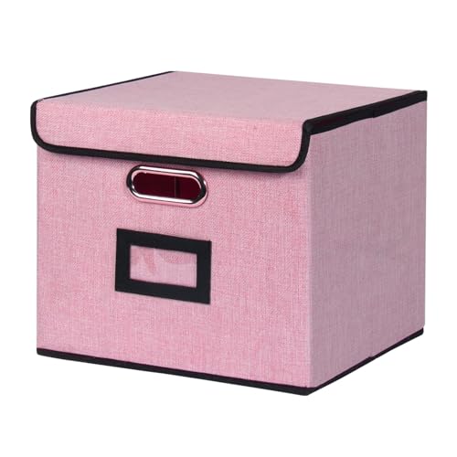 Tcbelosion Large Square Storage Bin with Lid, Foldable Organizer Box with Handles & Label Design, for Office, Closet, Home, Documents, Pink, 12.20 x 10.63 x 10.63 Inches, 1 Pack - Image 1