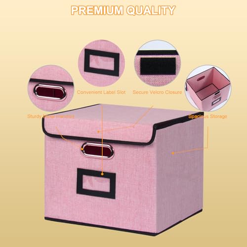 Tcbelosion Large Square Storage Bin with Lid, Foldable Organizer Box with Handles & Label Design, for Office, Closet, Home, Documents, Pink, 12.20 x 10.63 x 10.63 Inches, 1 Pack - Image 4
