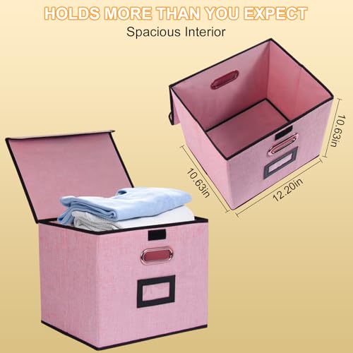 Tcbelosion Large Square Storage Bin with Lid, Foldable Organizer Box with Handles & Label Design, for Office, Closet, Home, Documents, Pink, 12.20 x 10.63 x 10.63 Inches, 1 Pack - Image 3