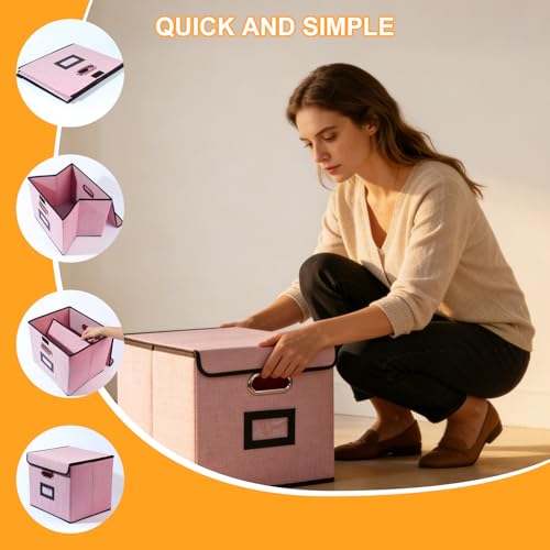 Tcbelosion Large Square Storage Bin with Lid, Foldable Organizer Box with Handles & Label Design, for Office, Closet, Home, Documents, Pink, 12.20 x 10.63 x 10.63 Inches, 1 Pack - Image 5