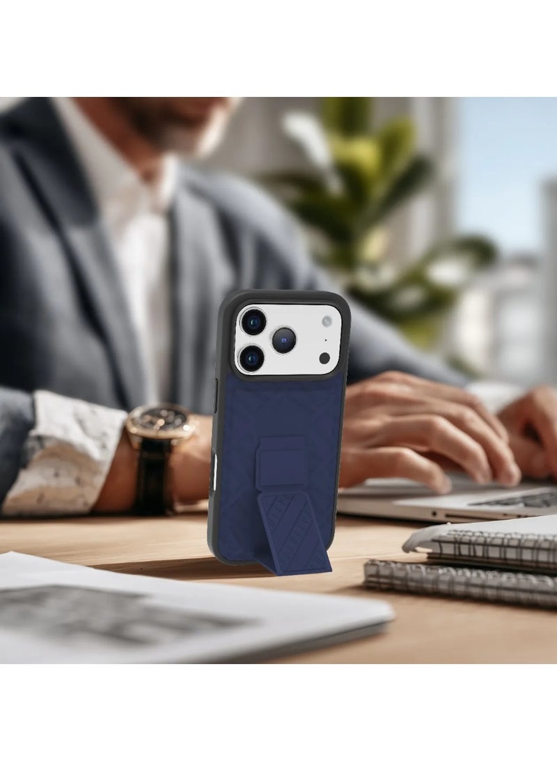 LEVELO iPhone 17 Pro Case Morphix Cuero Gripstand With Magnetic Strap For Secure Hold & Horizontal & Vertical Stand / Raised Edges / One-Hand Grip / Shock-Resistant Bumper / Luxury Printed Branding Back Cover / Slim Fit Design - Midnight Blue - Image 3