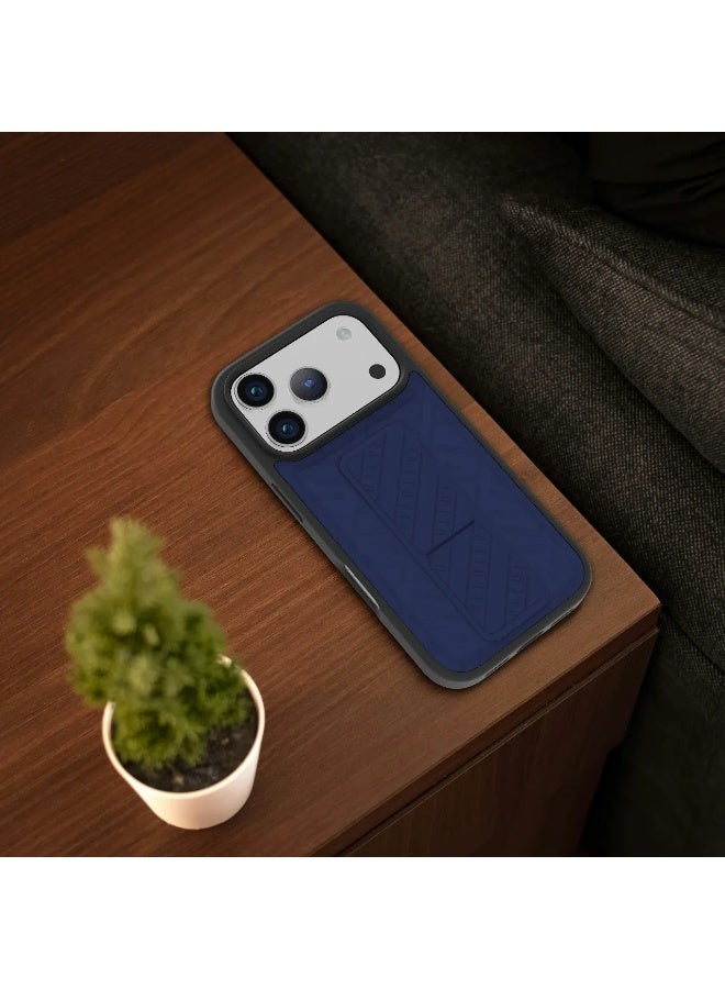 LEVELO iPhone 17 Pro Case Morphix Cuero Gripstand With Magnetic Strap For Secure Hold & Horizontal & Vertical Stand / Raised Edges / One-Hand Grip / Shock-Resistant Bumper / Luxury Printed Branding Back Cover / Slim Fit Design - Midnight Blue - Image 5
