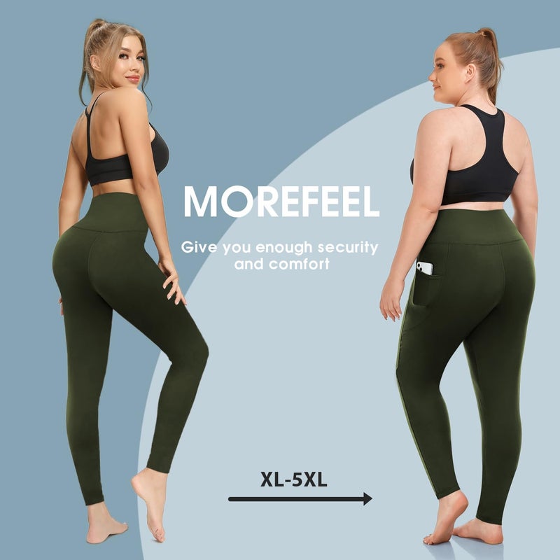 MOREFEEL Plus Size Leggings for Women with Pockets-Stretchy X-5XL Tummy Control High Waist Workout Amy Green Yoga Pants - Image 4