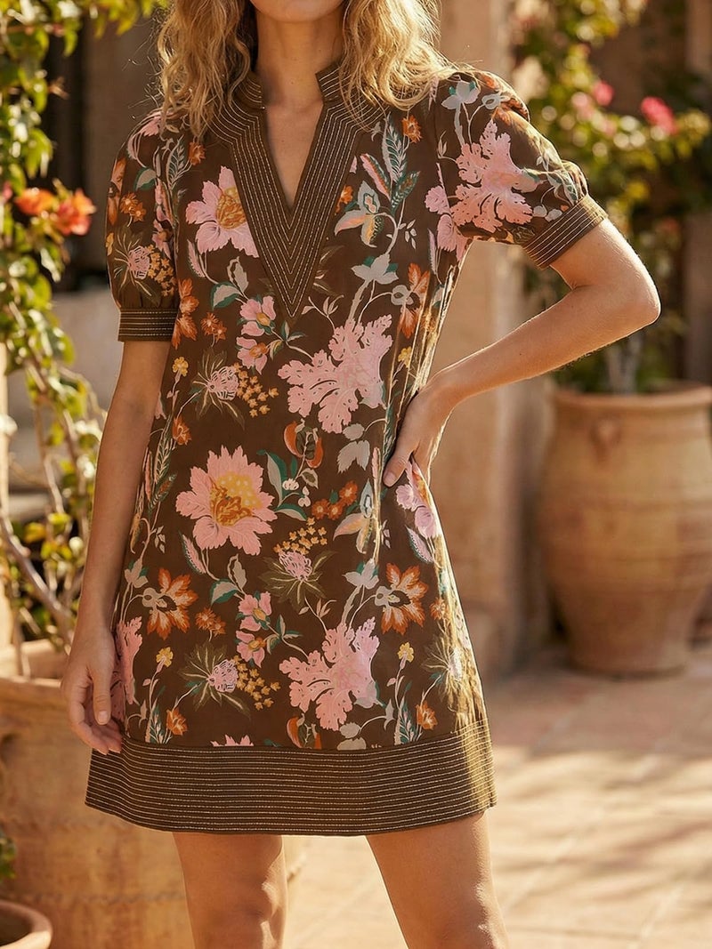 Wenrine Womens Summer V Neck Floral Dresses Casual Puff Short Sleeve Short Boho Beach Dresses with Pockets Brown - Image 2