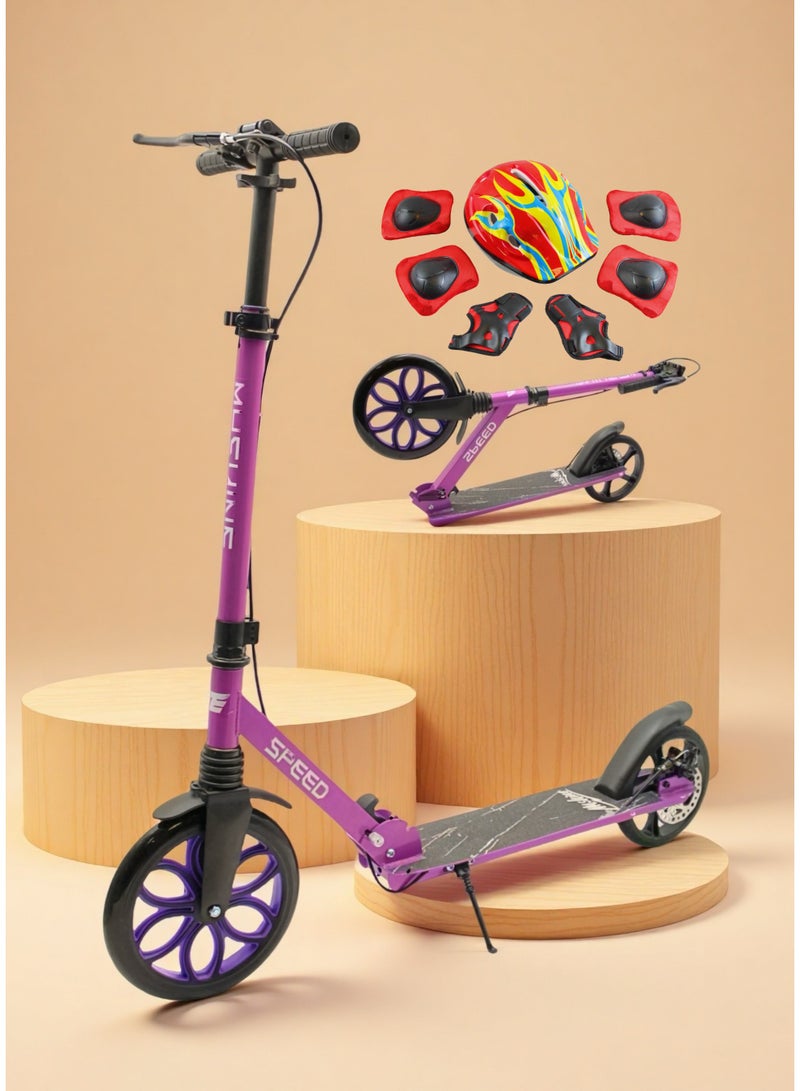 إيزي فيتشور سكوتر إيزي فيوتشر للأطفال من عمر 7 إلى 14 عامًا، مزود بمجموعة كاملة من معدات الحماية، قابل للطي، بعجلات كبيرة، ومقود قابل للتعديل، وفرامل خلفية، ومقبض سهل الإمساك. - Image 1