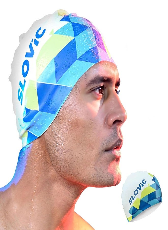 Slovic Swimming Cap for Men & Women [White Pattern] | Swimming Caps for Women with Long Hair | Swimming Accessories for Men | Unisex & Waterproof Silicon Cap to Prevent Chemical Damage | Free Size - Image 1