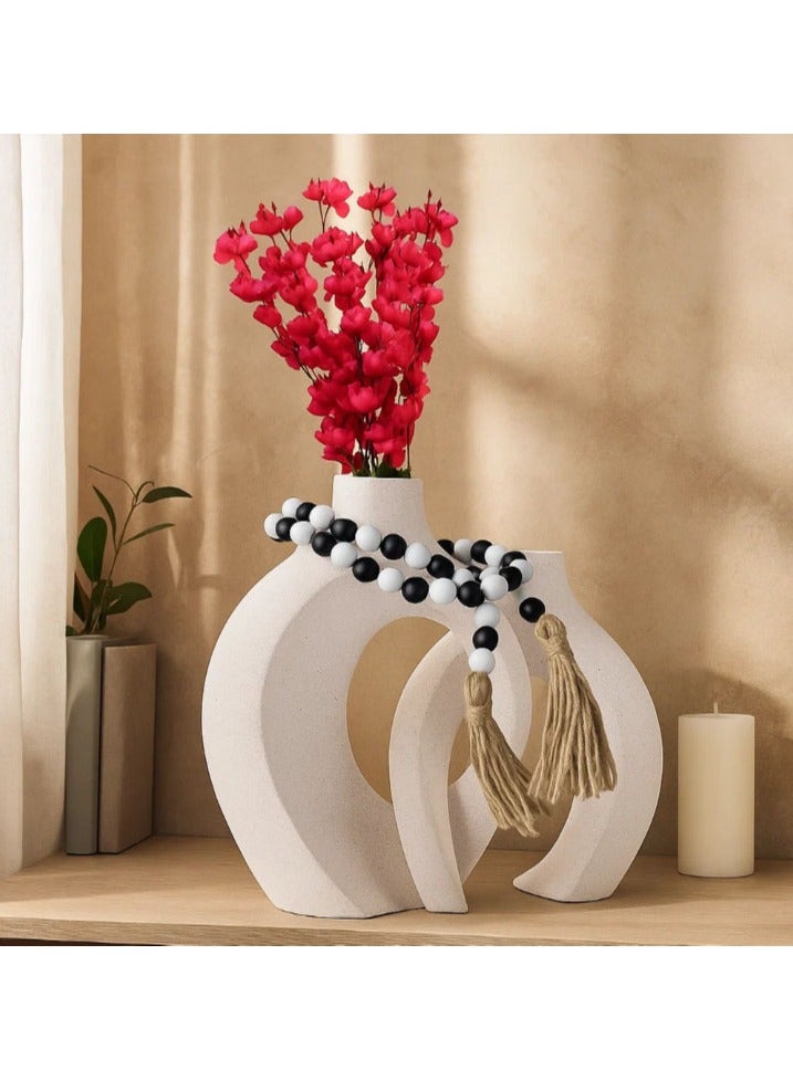 LINGWEI Ceramic Flower Vase set of 2 with Red Flowers and Colourfull Wooden Bead Necklace - Image 1