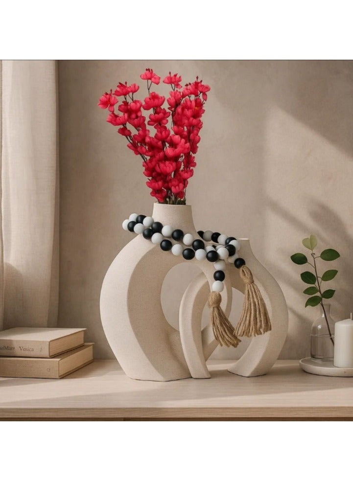 LINGWEI Ceramic Flower Vase set of 2 with Red Flowers and Colourfull Wooden Bead Necklace - Image 2