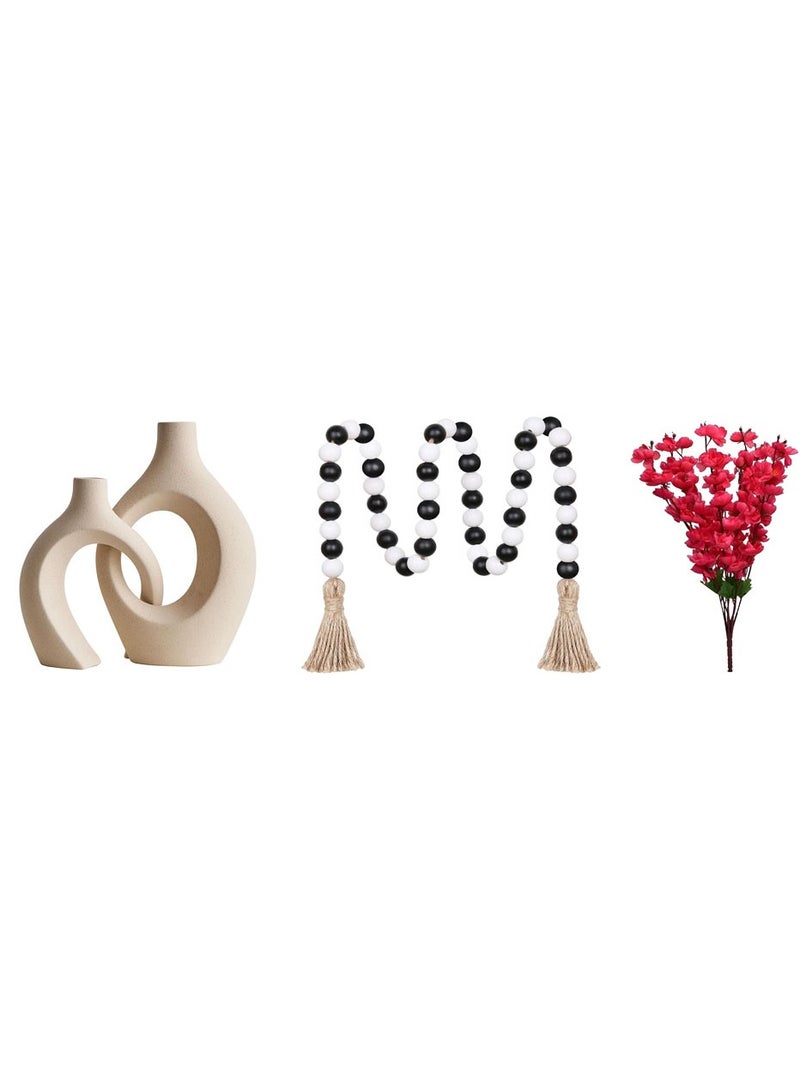 LINGWEI Ceramic Flower Vase set of 2 with Red Flowers and Colourfull Wooden Bead Necklace - Image 3