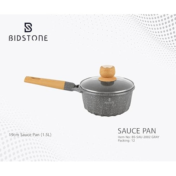 Bidstone 18 Cm NonStick Gray Saucepan 15L  Scratch Resistant Induction Base Wooden Handle PtfePfoaFree  Elegant Speckled Design - Image 2