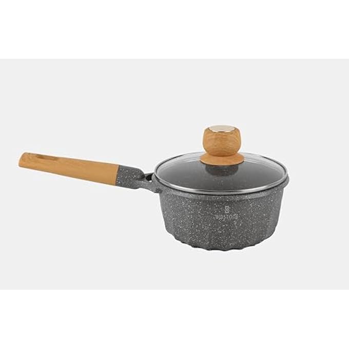 Bidstone 18 Cm NonStick Gray Saucepan 15L  Scratch Resistant Induction Base Wooden Handle PtfePfoaFree  Elegant Speckled Design - Image 1