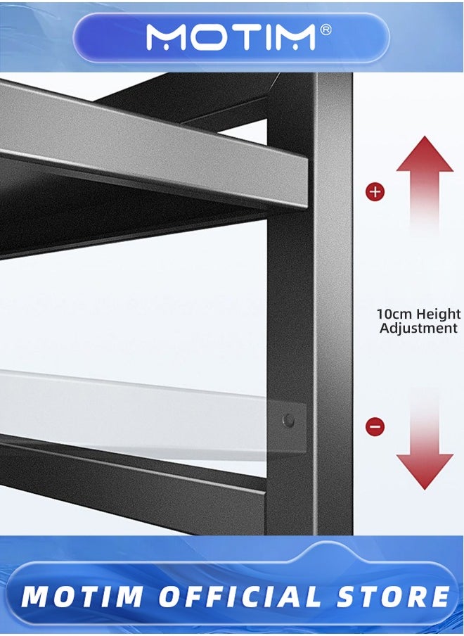 Motim - Extendable Microwave Oven Rack, Adjustable Microwave/Toaster Shelf Heavy Duty Stand Kitchen Counter Top Organizer, 2 Tier with 6 Hooks, Black - Image 1