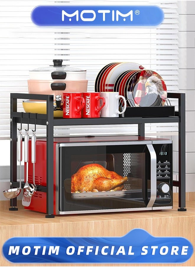 Motim - Extendable Microwave Oven Rack, Adjustable Microwave/Toaster Shelf Heavy Duty Stand Kitchen Counter Top Organizer, 2 Tier with 6 Hooks, Black - Image 1